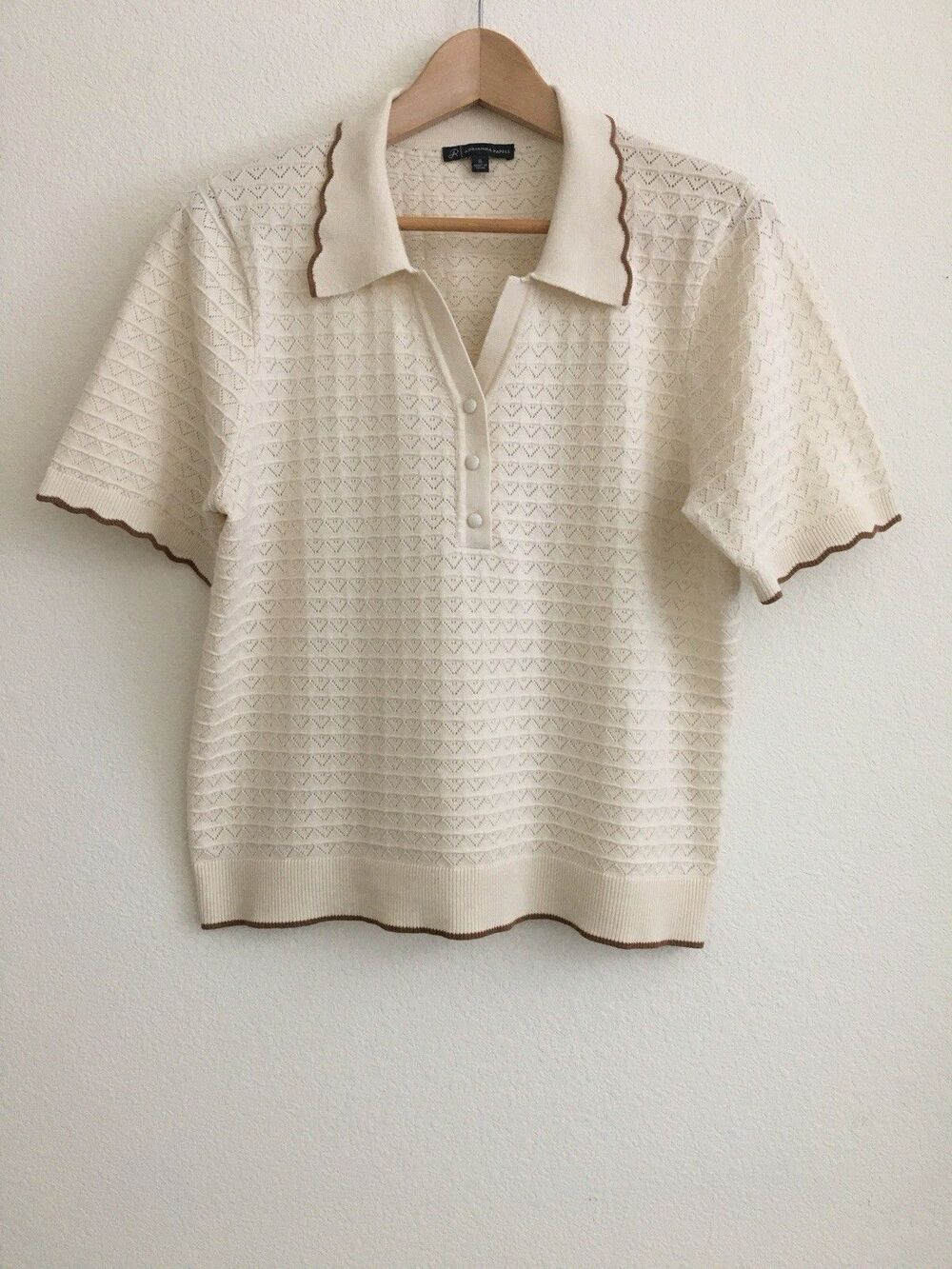 Adrianna Papell Women's XL Pointelle Knit Polo Sweater Top Golf  Cream/Brown